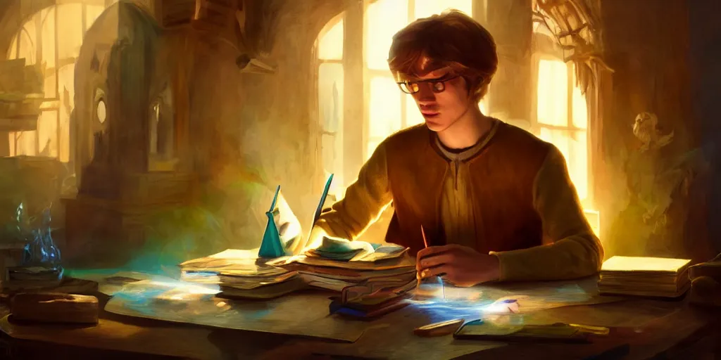 Image similar to a young caucasian male mage they are in a alchemy workshop working at there desk. colorful, light rays, medium shot, waist up, sharp, bloom, dramatic lighting, very detailed, by pixar, dreamworks and marvel