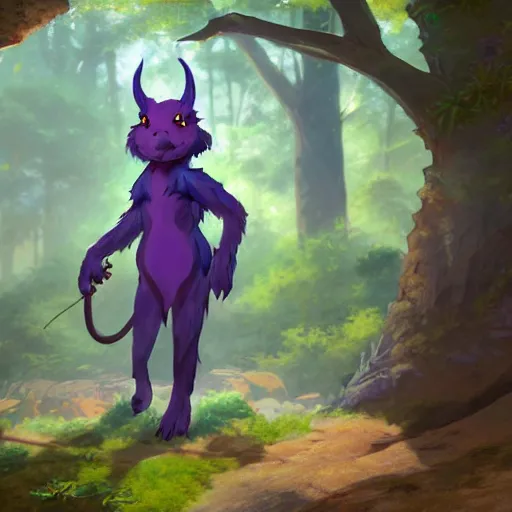 Image similar to concept art painting of an anthropomorphic purple anime furry dragon, in the deep forest, realistic, detailed, cel shaded, in the style of makoto shinkai and greg rutkowski and james gurney