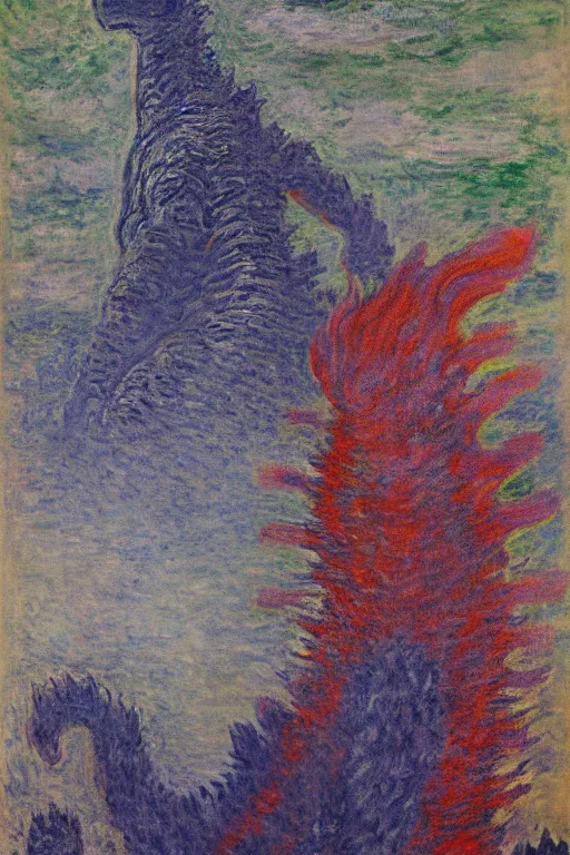 Image similar to shinzo abe head on Godzilla painting by claude monet