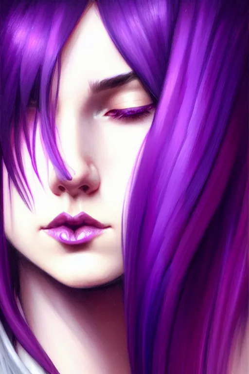 Image similar to Purple hair, creative colouring Portrait of woman face profile, fashion, colored strands of hair, intricate, elegant, highly detailed, digital painting, artstation, concept art, smooth, sharp focus, illustration, art by artgerm and greg rutkowski and alphonse mucha