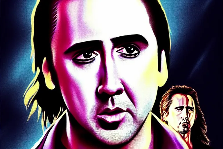 Image similar to young nicolas cage from wild at heart starring in “ miami vice ” movie poster artwork, 4 k digital art, neon, 8 0's style artstation, concept art, smooth, sharp focus, illustration, artgerm