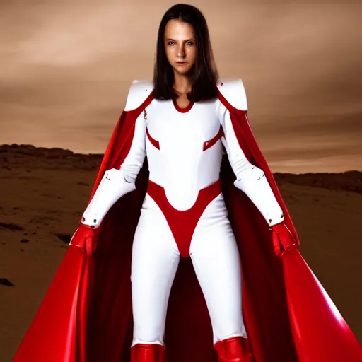 Image similar to portrait of a athletic female soldier in glossy sleek white armor with tiny red details and a long red cape, heroic posture, on the surface of mars, night time, dramatic lighting, cinematic, sci-fi, hyperrealistic