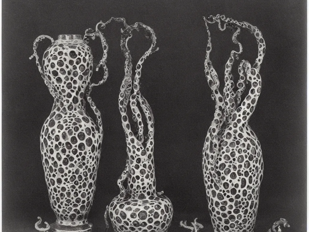 Image similar to flaming gothic stone vase, pot, jug in the shape of octopus. karl blossfeldt, salvador dali