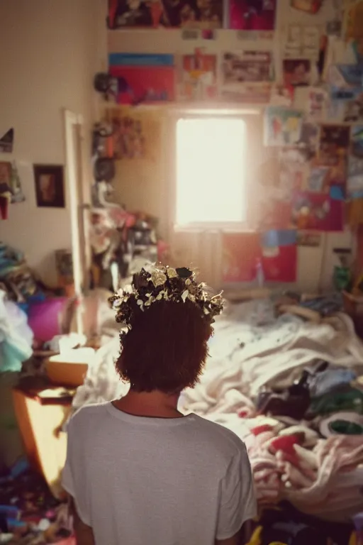 Image similar to kodak portra 4 0 0 photograph of a guy wearing a flower crown in a cluttered messy 9 0 s bedroom, back view, lens flare, moody lighting, moody vibe, telephoto, 9 0 s vibe, blurry background, grain, tranquil, calm, faded!,