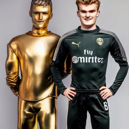 Image similar to a realistic detailed photo of a guy who is an attractive humanoid who is half robot and half humanoid, who is a male android, soccer players martin ødegaard & timo werner, shiny skin, posing like a statue, blank stare, in a living room, on display, showing off his muscles, gold soccer shorts, no jersey, statue, many copies of them