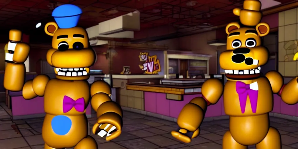 Prompt: 2 0 1 5 fnaf five nights at freddy's fast food restaurant, gameplay screenshot