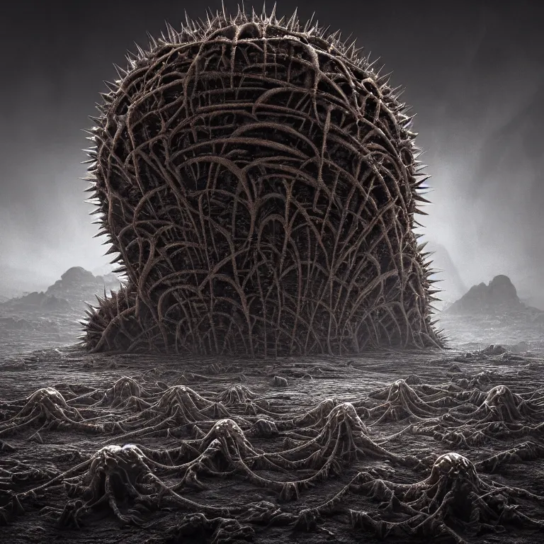 Image similar to ribbed surreal organic symmetrical abandoned spiky spinal alien temple exterior on exoplanet, in a desolate empty wasteland, creepy, nightmare, dream-like heavy atmosphere, surreal abandoned buildings, beautiful detailed intricate insanely detailed octane render trending on Artstation, 8K artistic photography, photorealistic, chiaroscuro, Raphael, Caravaggio, Beksinski, Giger