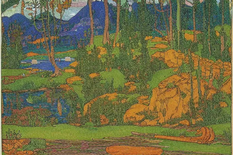 Image similar to a serene landscape by Ivan Bilibin