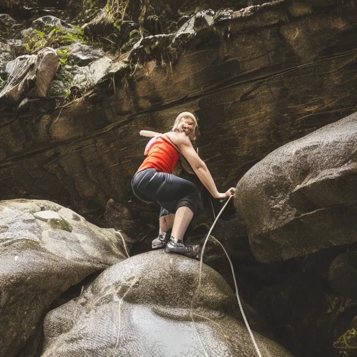 Prompt: picture of woman climbing wet rocks while eating