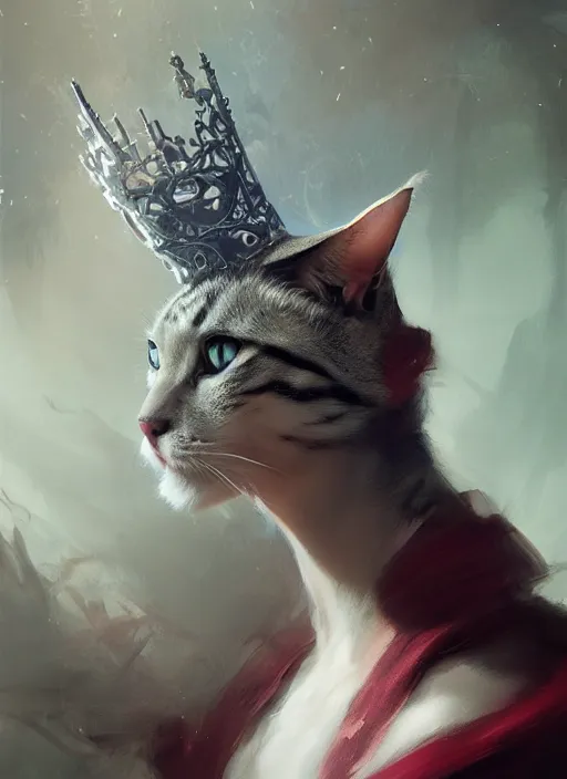 Image similar to side profile of a cat wearing a crown and royal cloak, fantasy, digital painting, volumetric light, intricate, sharp, focus, bloom, illustration, highly detailed, concept art, matte, ruan jia, randy vargas, greg rutkowski