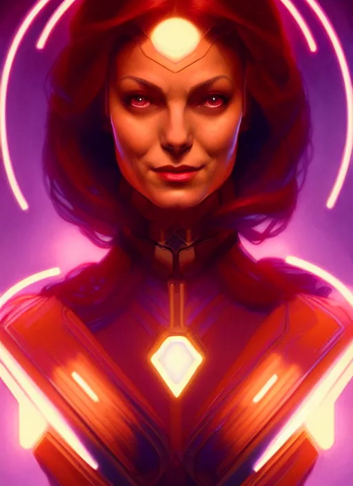 Image similar to symmetry portrait of jean grey from 9 0 s x - men, glowing lights, intricate, elegant, highly detailed, digital painting, artstation, concept art, smooth, sharp focus, illustration, art by artgerm and greg rutkowski and alphonse mucha