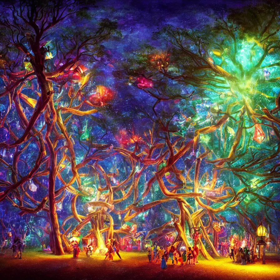 Image similar to closeup of a night carnival inside a tree cavity in a magical forest in the middle of a summer storm, with a music scenario with many fireworks and christmas lights, volumetric lightning, instense god rays in the sky, folklore people disguised with fantastic creatures in a magical forest by summer night, masterpiece painted by koson ohara, very coherent and colorful high contrast masterpiece,