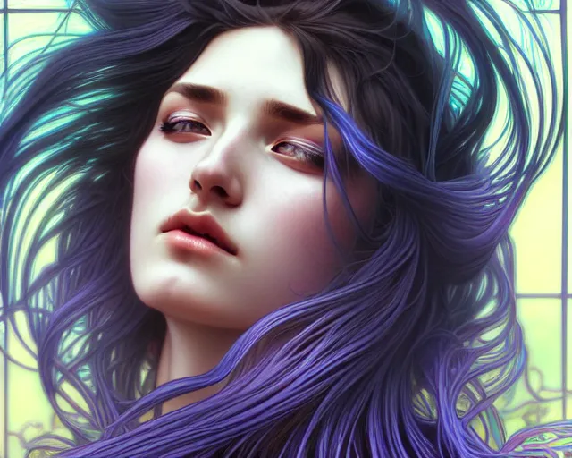 Image similar to overlord, psychedelic flowing hair, close eyes, portrait, highly detailed, deep focus, elegant, digital painting, smooth, sharp focus, illustration, ultra realistic, 8 k, art by artgerm and alphonse mucha