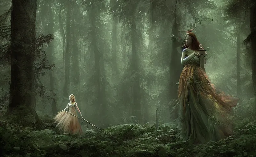 Image similar to a joyful fairy princess, in a dark forest, telephoto, cool tones, underexposed, overecast, mysterious matte painting by greg rutkowski and marc simonetti and ivan shishkin, 4 k