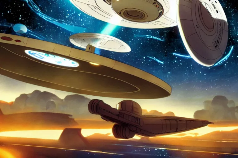 Image similar to Promotional poster for Star Trek the original series, shot on the deck of the Starship Enterprise, by Makoto Shinkai. Anime key visual,