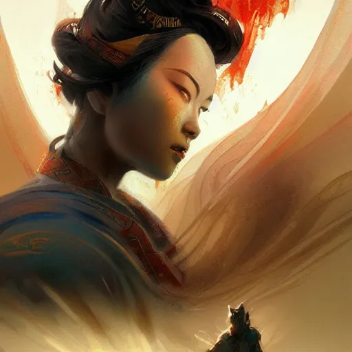 Image similar to god emperess mulan in the style of craig mullins, greg rutkowski, peter mohrbacher, and drew struzan. epic, majestic, awe inspiring, god rays, fissures, divine, church painting, intricate armor, extreme detail, high octane,