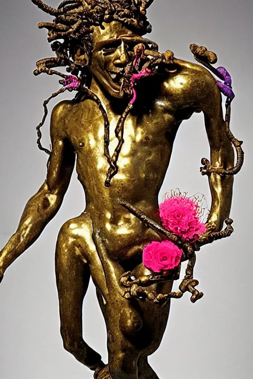 Prompt: Jean-Michel Basquiat as a full-body bronze baroque statue of Icarus in the posing like a bird for flight made entirely out of pipe cleaners, crown of peach roses made out pipe cleaners, flowing pink-colored silk, colorful pipe cleaners, flowers. baroque elements, human skull. full-length view. baroque element. intricate artwork by caravaggio. many many birds birds on background. Trending on artstation, octane render, cinematic lighting from the right, hyper realism, octane render, 8k, depth of field, 3D