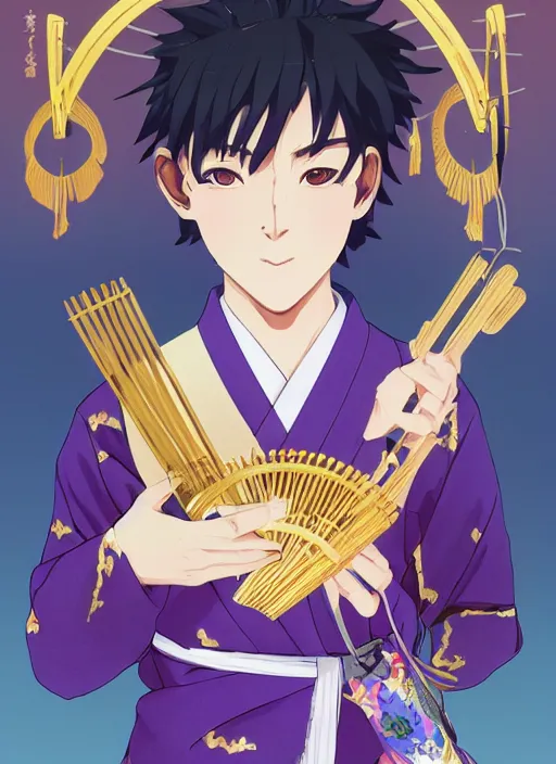 Image similar to young man with straight indigo hair, purple eyes with red eye markers, slim body, wearing a detailed Japanese kimono with golden armor pieces, holding a japanese fan. rich vivid colors, ambient lighting, dynamic lighting, 4k, official media, anime key visual, makoto shinkai, ilya kuvshinov, lois van baarle, rossdraws, detailed, trending on artstation