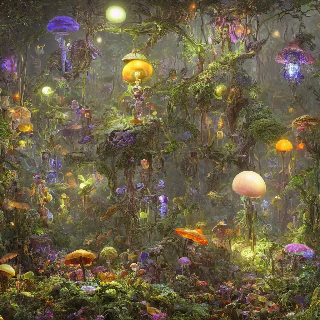 Image similar to victorian robots and bioluminous mushrooms growing in a spheroid forest, 3d render, nightlight Study, by Jan Davidsz de Heem and Lisa Frank, Art Nouveau, 8k, extreme detail, sharp focus, cinema 4d render