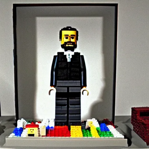 Image similar to the philosopher Edmund Husserl, made out of Legos, standing in his home office, photo realistic