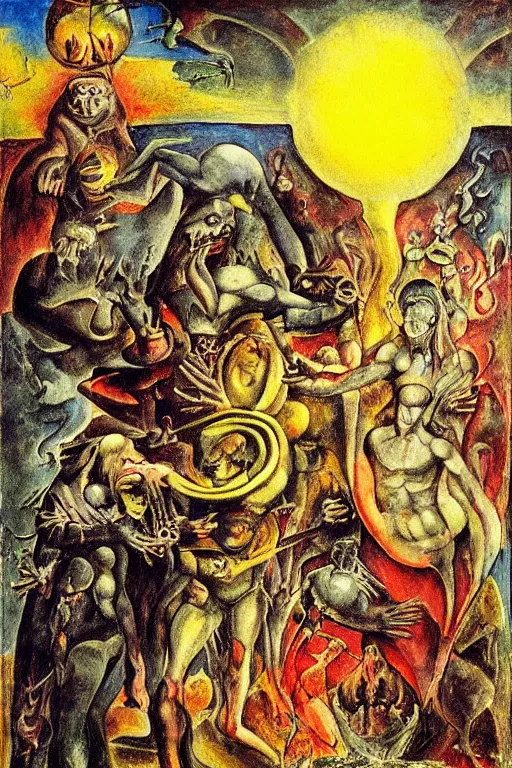 Prompt: surreal the temptation of st anthony, in a post apocalyptic hellscape, esoteric symbolism, intense emotional power, red yellow black, palette knife oil painting by peter booth, josh kirby and william blake