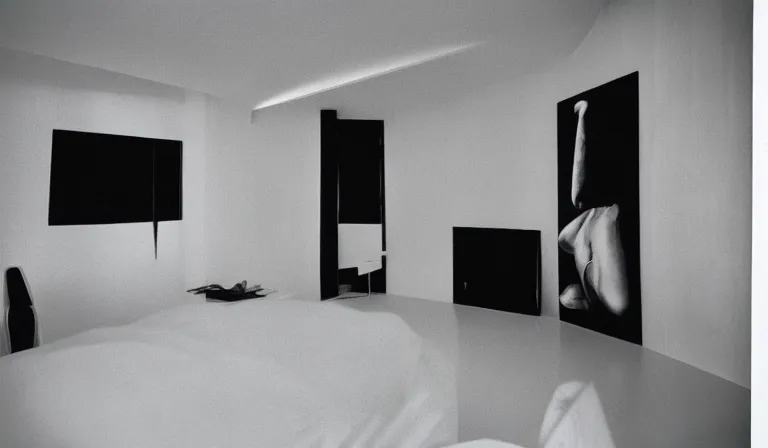 Prompt: A bedroom designed by Zaha Hadid, 35mm film, long shot