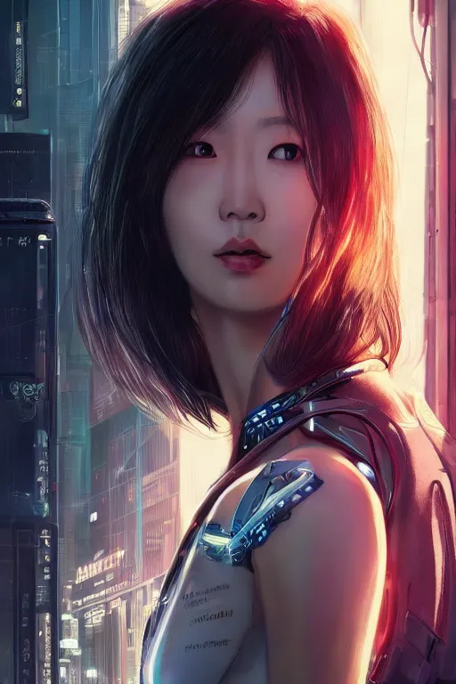 Prompt: Photorealistic illustration, Korean woman with augmented cybernetic eyes in 3/4 portrait view, cyberpunk 2077, sci-fi, futuristic, intricate, elegant, highly detailed, digital painting, artstation, concept art, smooth, sharp focus, art by artgerm, greg rutkowski and alphonse mucha