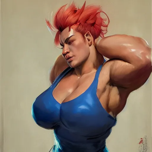 Image similar to greg manchess portrait of thick muscular weightlifter zarya from overwatch with ponytail and blond hair sleeping on bed, medium shot, asymmetrical, profile picture, organic painting, sunny day, matte painting, bold shapes, hard edges, street art, trending on artstation, by huang guangjian and gil elvgren and sachin teng