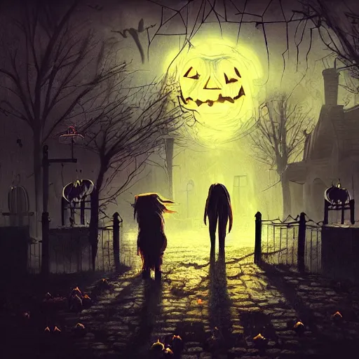 Image similar to a creepy and eery Halloween setting, with Jack o lanterns on the street and shadow figures lurking about, dynamic lighting, photorealistic fantasy concept art, stunning visuals, creative, cinematic, ultra detailed, trending on art station, spooky vibe