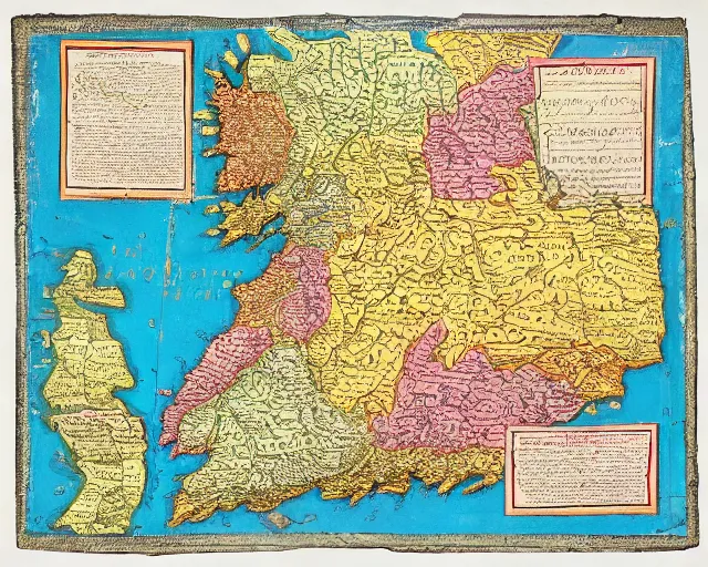 Prompt: highly detailed colourful ancient map of the united kingdom, flat earth model, beautiful caligraphy and notations, beautiful detailed illustrations, ancient lost artefacts, 3 5 mm film photo, maximalist,