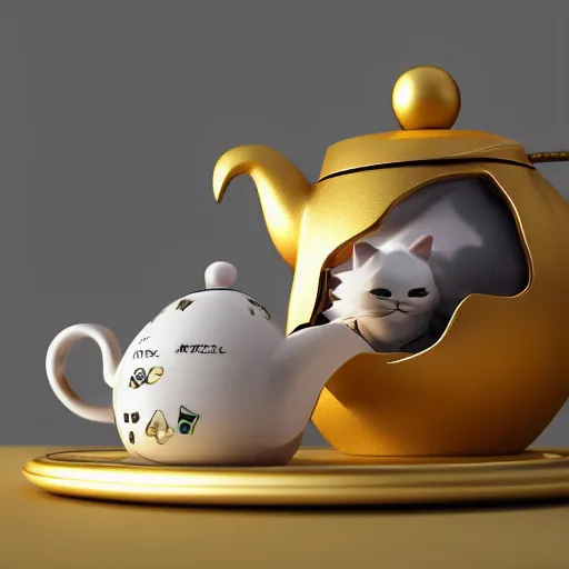 Image similar to fat cat shaped teapot, final fantasy merchandise, highly detailed, octane render, ray tracing, ambient occlusion, trending on artstation, 8 k