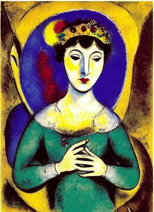 Prompt: portrait of young woman in renaissance dress and renaissance headdress, art by marc chagall