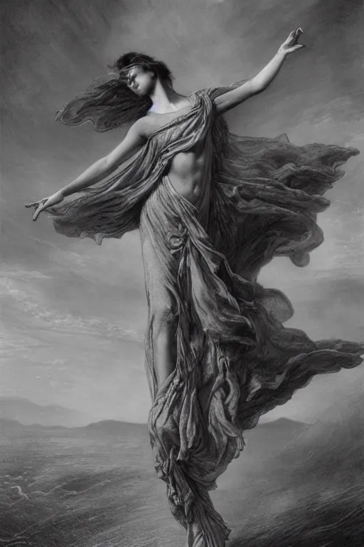 Prompt: dancer in the wind by gustave dore, retrofuturism, reimagined by industrial light and magic