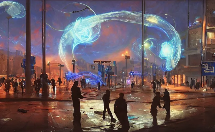 Image similar to people with posters attacking cops, a huge blue spiral - shaped white luminous attractor is floating on the horizon near the sun, stores in los angeles with light screens all over the street, concept art, art for the game, professional lighting, dark night lighting from streetlights, by ilya repin