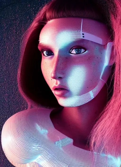 Image similar to a sensual scandinavian female humanoid with freckled cheeks, cyber neon lighting, futurism, intricate futuristic jewelry accessories, cyberpunk glossy white latex swimsuit, profile posing, hyper photorealistic, crispy quality, digital photography, trending in artstation, trending in pinterest, cinematic, 4 k ultra hd, art by pascal blanche, art by greg rutkowski,