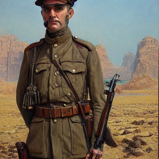 Image similar to a detailed photorealistic muted - color portrait painting of a 1 9 1 7 worried clean - shaven british lieutenant in field gear from the arab bureau in wadi rum, ultra realistic, intricate details, atmospheric, dark, brooding, highly detailed, by clyde caldwell