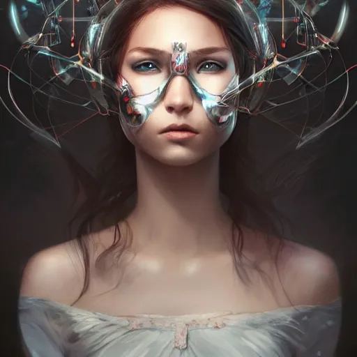 Image similar to a beautiful girl wearing a cyberkinetic mask, digital art, 8 k resolution, highly detailed, artstation, pretty face, very beautiful face, very detailed eyes, by rossdraws, tom bagshaw, greg rutkowski, ferdinand knab