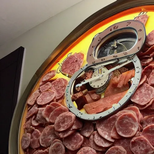 Prompt: “a large mechanical clock made out of deli meats”