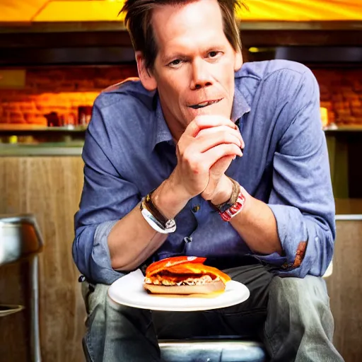 Image similar to kevin bacon profile portrait eating bacon burger soda fries, award winning food photography