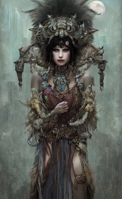 Prompt: hyper realistic Princess Mononoke, ornate mask magic, wet market street, cyberpunk metropolis, city landscape, jewels, full body pose, full moon, style of tom bagshaw, mucha, james gurney, norman rockwell, denoised, sharp