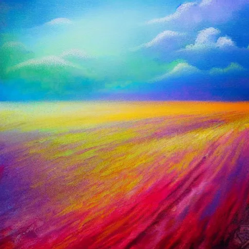 Image similar to dreamy landscape painting of the fields of the void, color abberation effect, vingetting