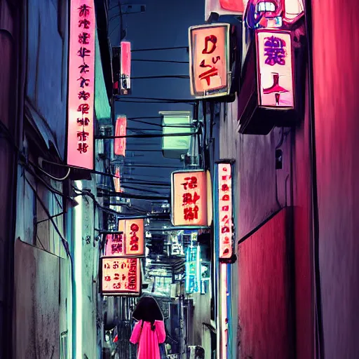 Image similar to japan narrow street with neon signs and a girl with umbrella wearing techwear, digital art, sharp focus, wlop, artgerm, beautiful, award winning, cyberpunk color style