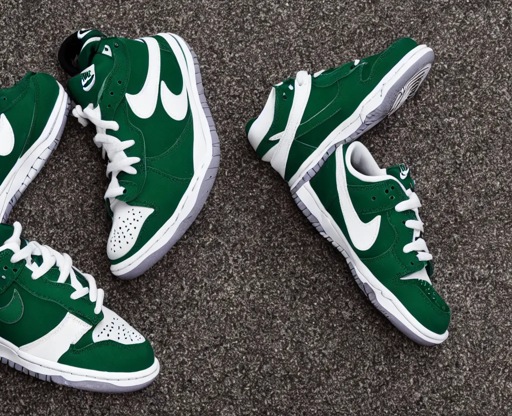 Image similar to a press photograph of nike dunks low pine green and white, size 1 0, white background