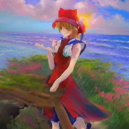 Image similar to Very abstract impressionist painting of Kirisame Marisa from the Touhou project on a cliff looking calmly at the sea, wide strokes, pastel colors, touhou project official artwork, danbooru, oil painting by Antoine Blanchard, wide strokes, pastel colors, soft lighting sold at an auction