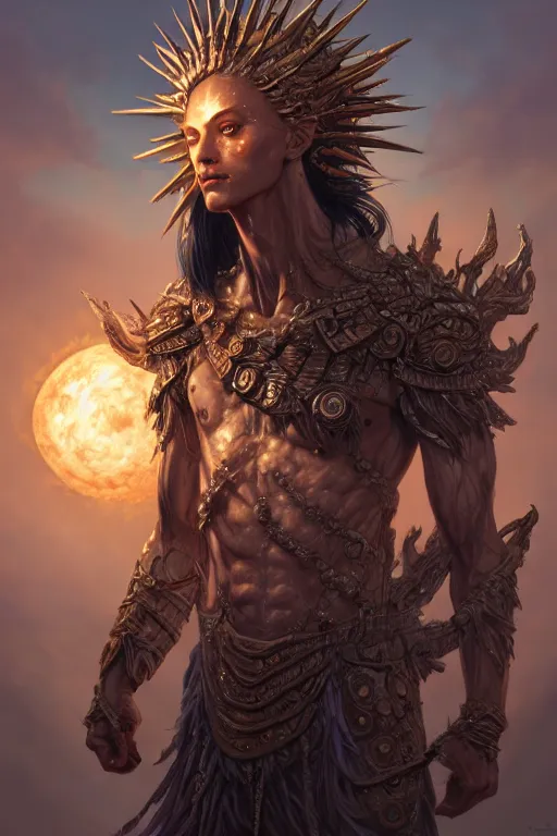 Image similar to humanoid god of the sun, highly detailed, d & d, fantasy, hyper detailed, digital painting, trending on artstation, apollo, concept art, sharp focus, illustration, art by artgerm and magali villeneuve and greg rutkowski and michael whelan, cryengine, 8 k realistic atmospheric lighting, frostbite 3 engine