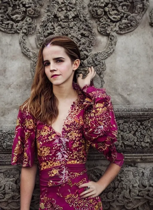 Prompt: emma watson wearing kebaya bali in bali. iconic place in bali. front view. instagram holiday photo shoot, 5 0 mm, perfect faces