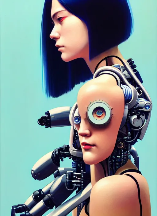 Image similar to side portrait of cyborg girl with robotic parts | | head only in center of image, audrey plaza, fine detail!! anime!! realistic shaded lighting!! poster by ilya kuvshinov katsuhiro otomo ghost - in - the - shell, magali villeneuve, artgerm, jeremy lipkin and michael garmash and rob rey