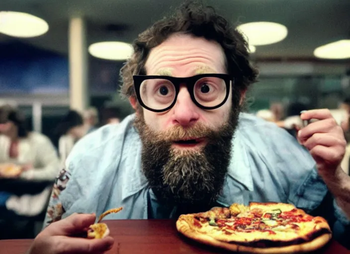 Prompt: cinematic detailed portrait of bearded charlie kaufman with glasses, eating pizza at chuck - e - cheese, dramatic top down lighting, moody film still from being john malkovich ( 2 0 0 1 ), 3 5 mm kodak color stock, 2 4 mm lens, directed by spike jonze, ecktochrome