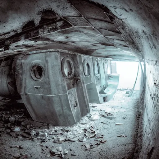 Image similar to photograph inside of an abandoned soviet submarine underwater overrun with strange translucent spiders, wide angle, dry ice, decay