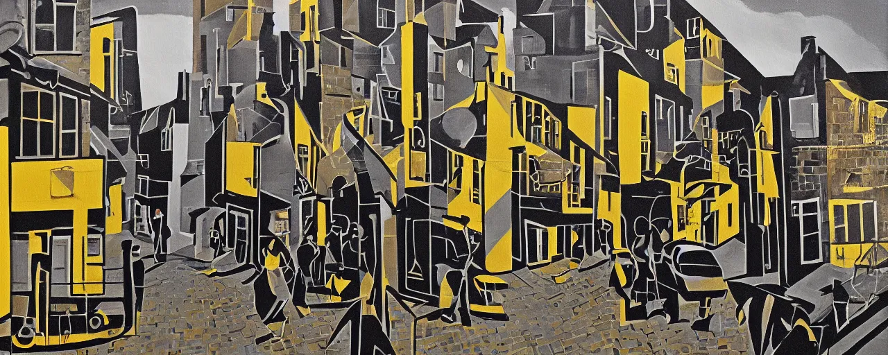 Prompt: a painting of street life in kirkwall orkney, Art Deco, Bold geometric, Patterns, Black, gold, metallic